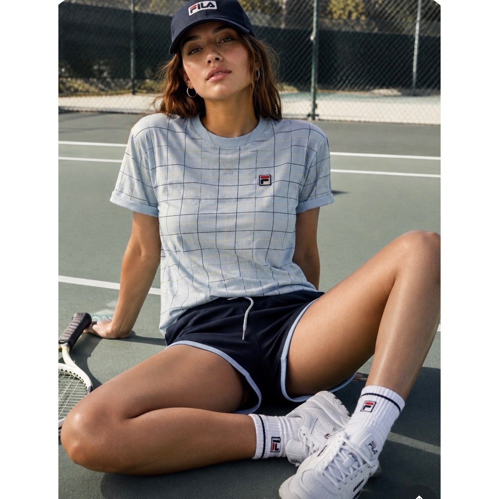 Fila Womens Light Blue Grid Print Crew Neck Cotton T-Shirt Medium. Sporty cool.